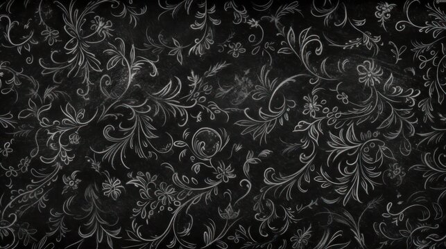 Floral ornate chalk art pattern on blackboard background. Generative AI.