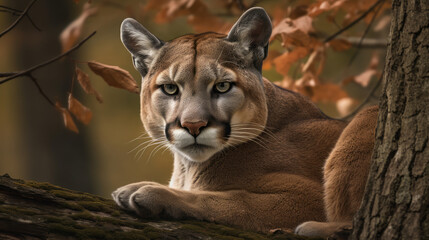 Cougar on branch looking down, generative ai