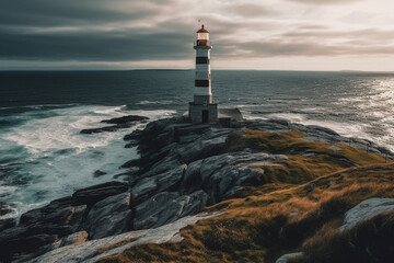 Fototapeta premium A stunning image of a lighthouse situated near the sea, with breathtaking views of the sunrise and sunset. This picturesque scenery captures the essence of peace, serenity, and beauty. Ai generated.