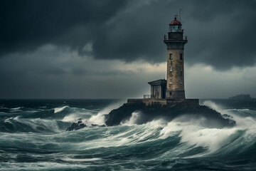 A stunning image of a lighthouse situated near the sea, with breathtaking views of the sunrise and sunset. This picturesque scenery captures the essence of peace, serenity, and beauty. Ai generated.