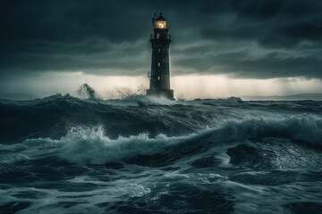 A stunning image of a lighthouse situated near the sea, with breathtaking views of the sunrise and sunset. This picturesque scenery captures the essence of peace, serenity, and beauty. Ai generated.