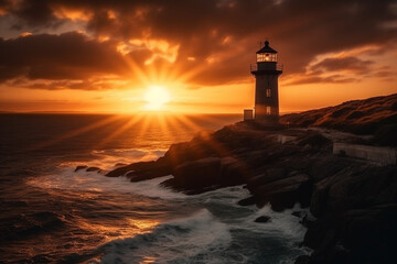 A stunning image of a lighthouse situated near the sea, with breathtaking views of the sunrise and sunset. This picturesque scenery captures the essence of peace, serenity, and beauty. Ai generated.