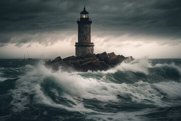 A stunning image of a lighthouse situated near the sea, with breathtaking views of the sunrise and sunset. This picturesque scenery captures the essence of peace, serenity, and beauty. Ai generated.