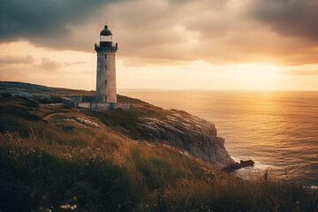 Fototapeta na wymiar A stunning image of a lighthouse situated near the sea, with breathtaking views of the sunrise and sunset. This picturesque scenery captures the essence of peace, serenity, and beauty. Ai generated.