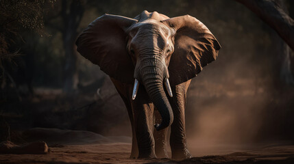 Naklejka na ściany i meble Dramatic photo of an african elephant, generative ai