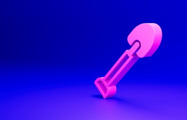 Pink Shovel icon isolated on blue background. Gardening tool. Tool for horticulture, agriculture, farming. Minimalism concept. 3D render illustration