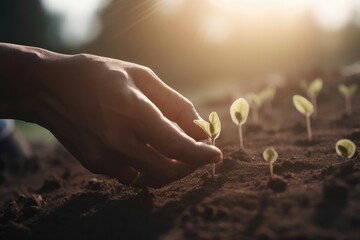 Planting seedling with hands, focus at seedling. Generative AI