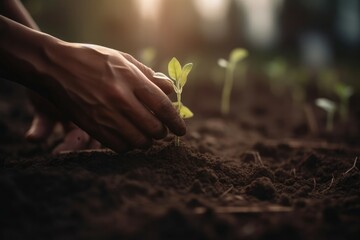 Planting seedling with hands, focus at seedling. Generative AI