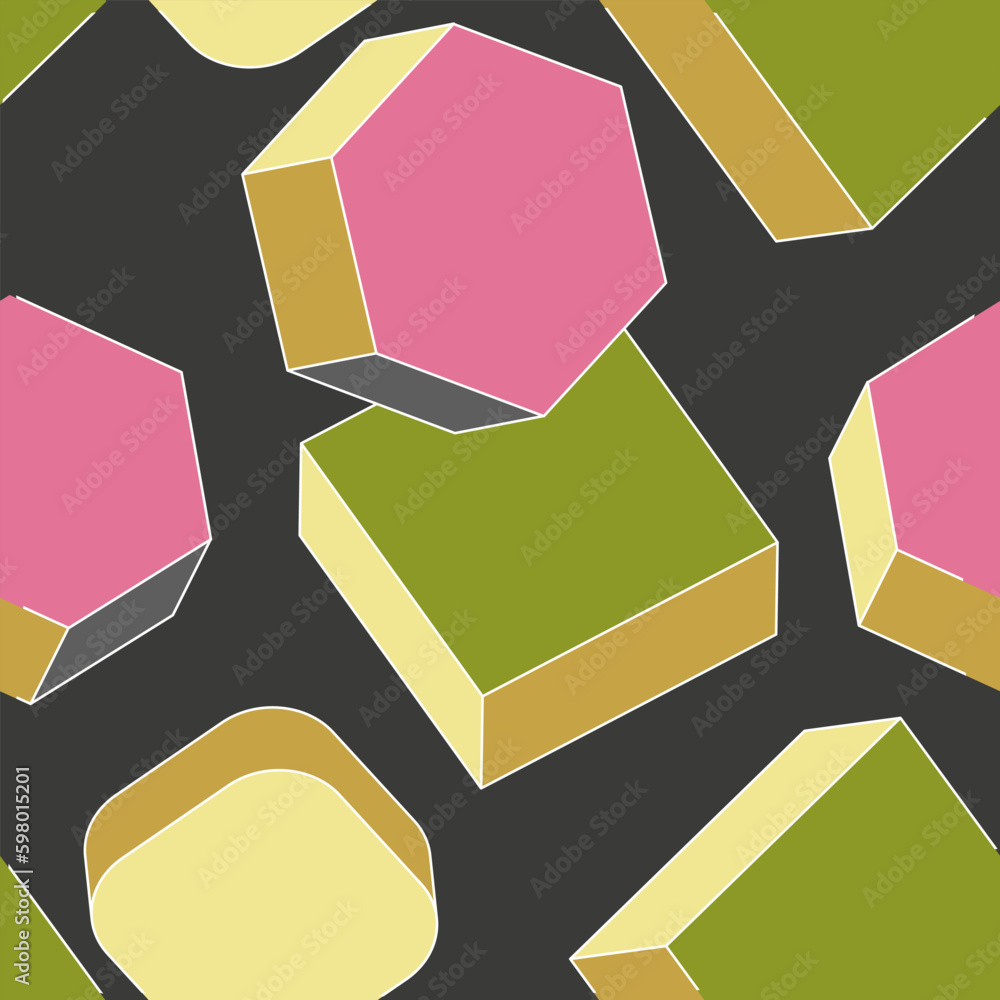 Aufkleber seamless pattern with randomly placed colored isometric figures on a dark background. vector illustr