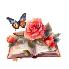 Vintage book with butterflies and flowers watercolor clip art (AI generative)
