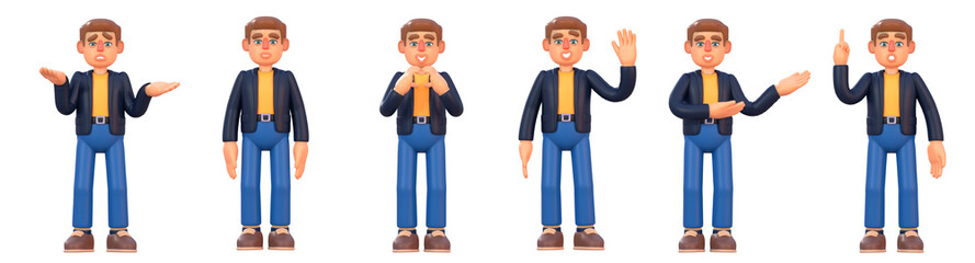 3d render of man in suit and yellow shirt showing various emotions, poses. Cheerful 3d businessman set