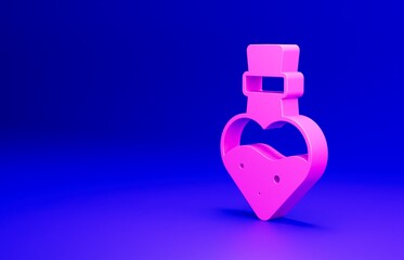 Pink Bottle with potion icon isolated on blue background. Flask with magic potion. Happy Halloween party. Minimalism concept. 3D render illustration