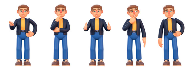 3d render of man in suit and yellow shirt showing various emotions, poses. Cheerful 3d businessman set