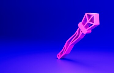 Pink Magic staff icon isolated on blue background. Magic wand, scepter, stick, rod. Minimalism concept. 3D render illustration