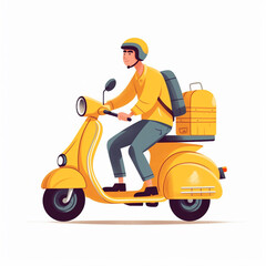 Flat 2D illustration of a courier wearing a yellow uniform, and riding a yellow motorcycle. Delivered items are placed in secure containers and bags.