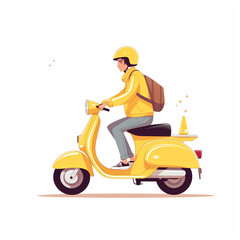 Flat 2D illustration of a courier wearing a yellow uniform, and riding a yellow motorcycle. Delivered items are placed in secure containers and bags.