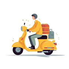 Flat 2D illustration of a courier wearing a yellow uniform, and riding a yellow motorcycle. Delivered items are placed in secure containers and bags.