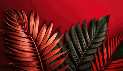 Red palm tropical leaves on red background, template for design, generated AI