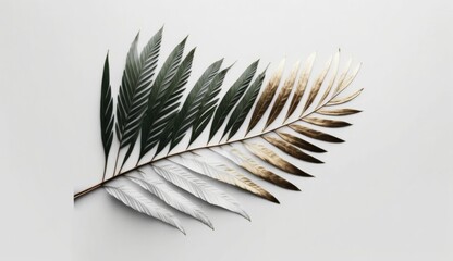 Gold palm leaves on white background, green leaf, mixed leaves, generated AI