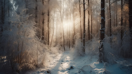 Fototapeta na wymiar Winter forest covered with snow at sunrise, generative ai