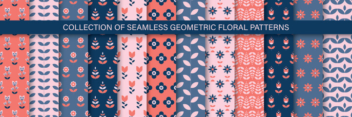 Collection of geometric colorful seamless floral patterns - cute design. Vintage trendy repeatable backgrounds. Bright textile endless prints
