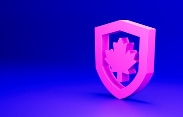 Pink Canada flag on shield icon isolated on blue background. Minimalism concept. 3D render illustration
