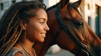 Obraz premium Girl with horse portrait, portrait of girl model with sunshine, generative ai