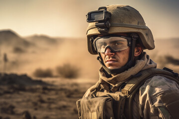 soldier in uniform with helmet and goggles, fictional location. Generative AI