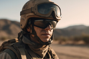 soldier in uniform with helmet and goggles, fictional location. Generative AI