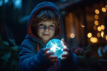 toddler, boy with abstract magic ball, fictional event. Generative AI