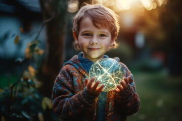 Fototapeta premium toddler, boy with abstract magic ball, fictional event. Generative AI