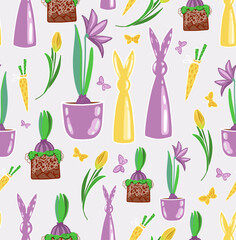 Spring cute pattern with figurines of rabbits, carrots and amaryllis