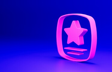 Pink Walk of fame star on celebrity boulevard icon isolated on blue background. Hollywood, famous sidewalk, boulevard actor. Minimalism concept. 3D render illustration