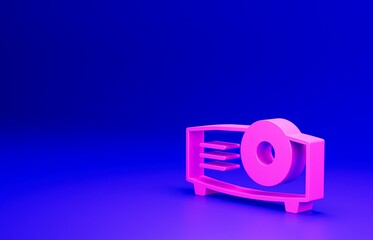 Pink Presentation, movie, film, media projector icon isolated on blue background. Minimalism concept. 3D render illustration