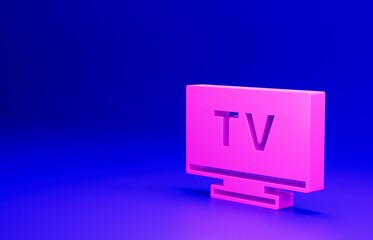 Pink Smart Tv icon isolated on blue background. Television sign. Minimalism concept. 3D render illustration