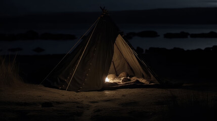 Light illuminated tent next to a lake, generative ai
