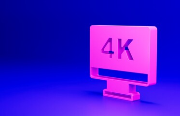 Pink Screen tv with 4k Ultra HD video technology icon isolated on blue background. Minimalism concept. 3D render illustration