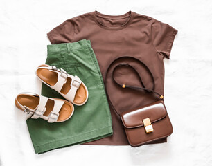 Brown t-shirt, green cotton bermudas, leather sandals, cross body bag - set of women's comfortable clothing for leisure, travel, city walks