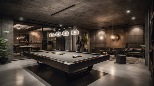Man cave billiard table with lights and concrete walls, generative ai