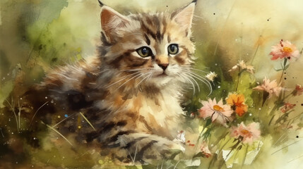 Naklejka na ściany i meble portrait of a cat, kitten with flowers and grass, generative ai