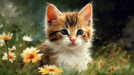 portrait of a cat, kitten with flowers and grass, generative ai