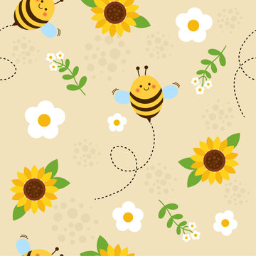 Background with cute bee cartoon and heart sign symbol with camomile and sunflower vector illustration.