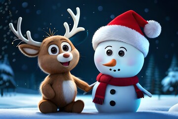 Cute happy snowman and Cute Christmas reindeer. Generative AI