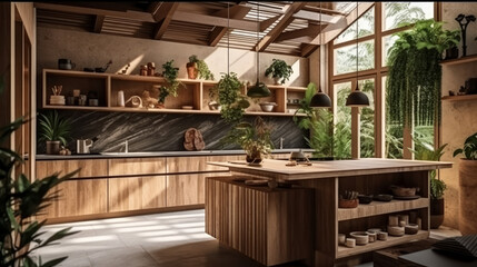 Fototapeta na wymiar Modern kitchen interior made of natural wooden material, generative ai