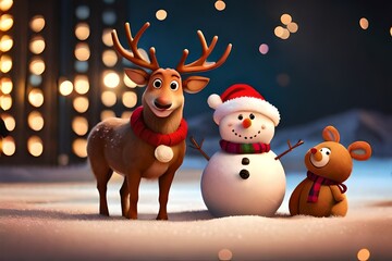 Cute happy snowman and Cute Christmas reindeer. Generative AI