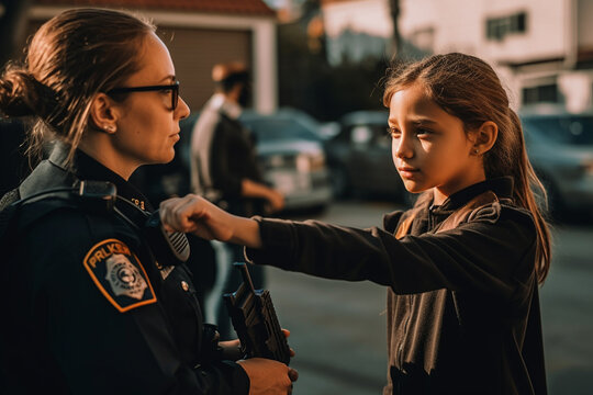 female police officer talking to toddler girl in neighborhood. Generative AI