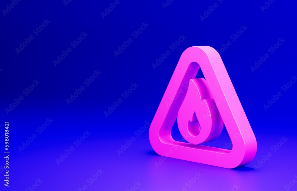 Poster Pink Fire flame in triangle icon isolated on blue background. Warning sign of flammable product. Minimalism concept. 3D render illustration