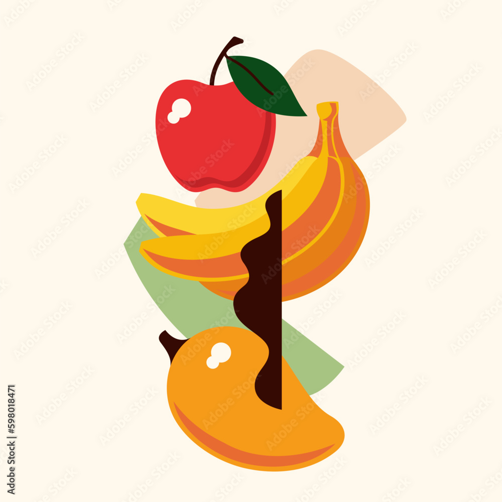 Poster vector graphics in a trendy minimalist style with abstract elements and fruits.