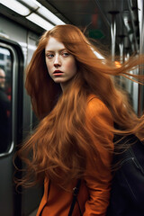 Fototapeta na wymiar Generative AI illustration Beautiful young girl with long hair in the New York subway