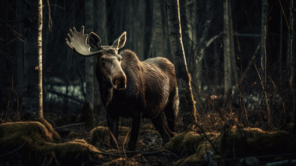 Moose in dramatic lighting in forest, generative ai